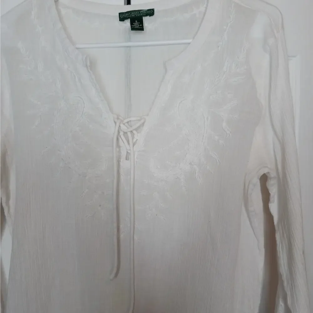 Lauren Ralph Lauren Cotton Peasant Embroidered Tunic Top Sz S